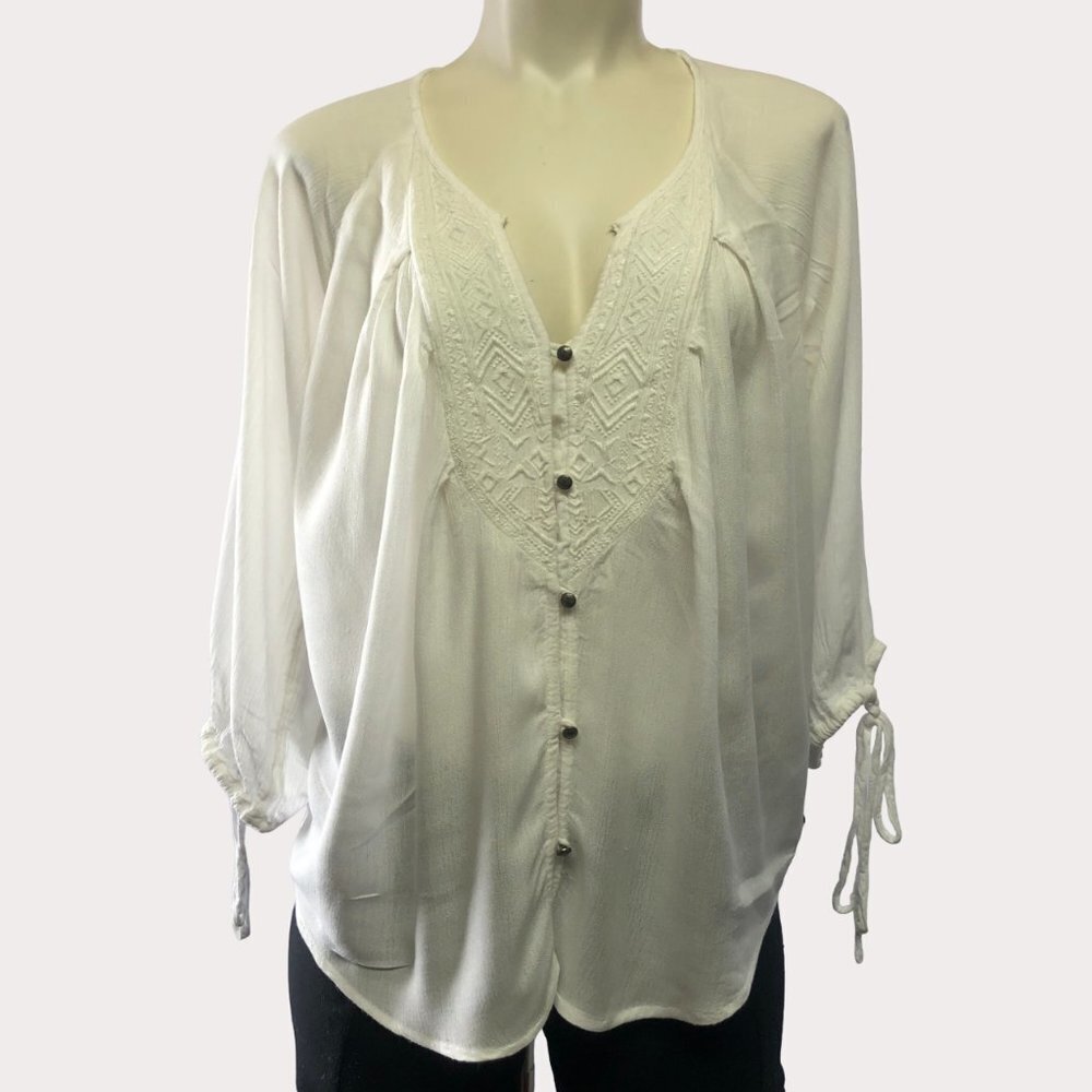 Roxy Boho Peasant Embroidered White 3/4 Sleeve Button Down Top Size Small
